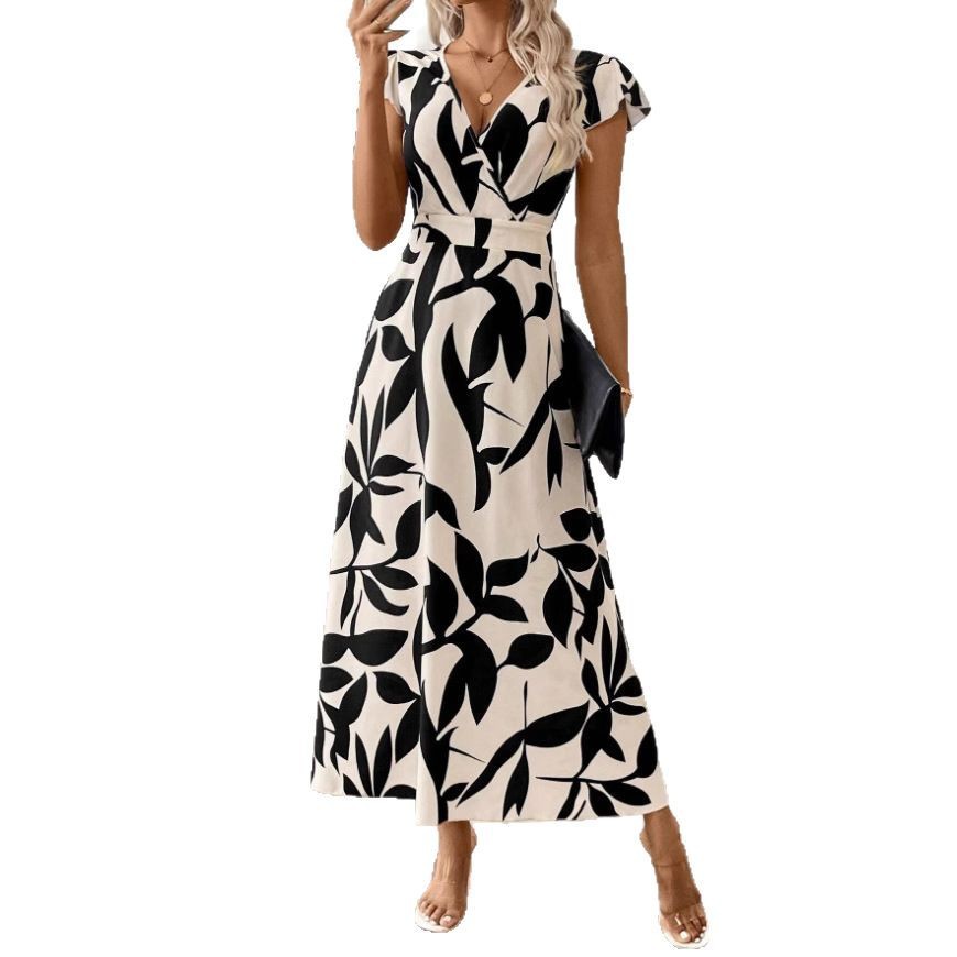 2026 Summer Fashion Printed V-neck Ruffle Edge Dress - Image 2