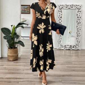 2026 Summer Fashion Printed V-neck Ruffle Edge Dress