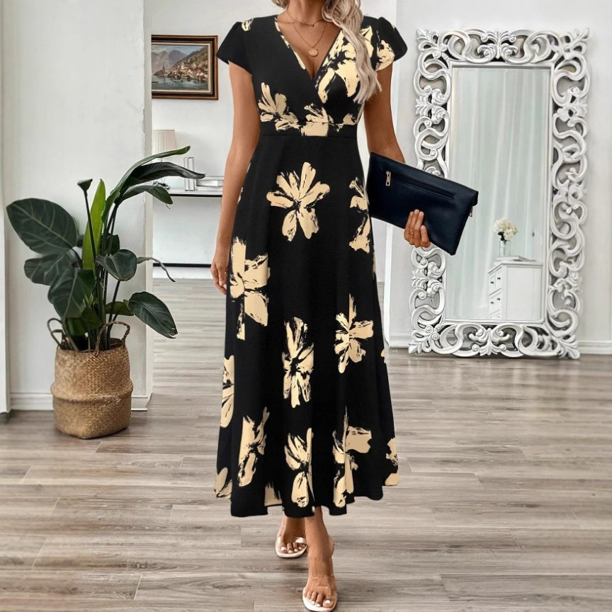 2026 Summer Fashion Printed V-neck Ruffle Edge Dress